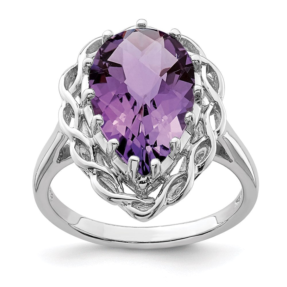 Sterling Silver Rhodium-plated Checker-Cut Amethyst Ring