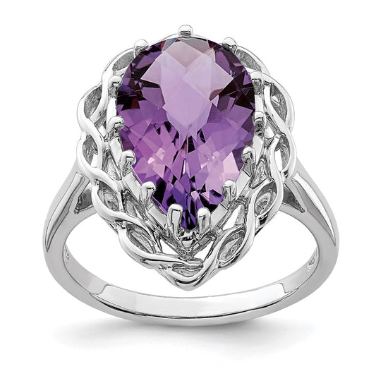 Sterling Silver Rhodium-plated Checker-Cut Amethyst Ring