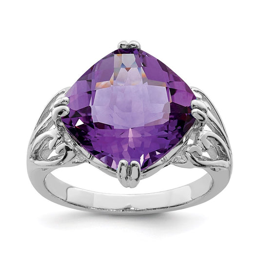 Sterling Silver 14K White Gold Plated Checker-Cut Amethyst Gemstone Birthstone Ring Fine Jewelry Gift for Her