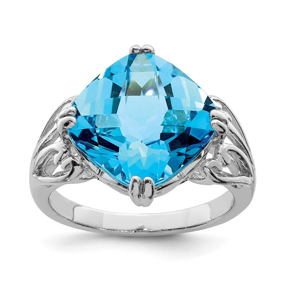 Sterling Silver Rhodium Checker-Cut Blue Topaz Ring