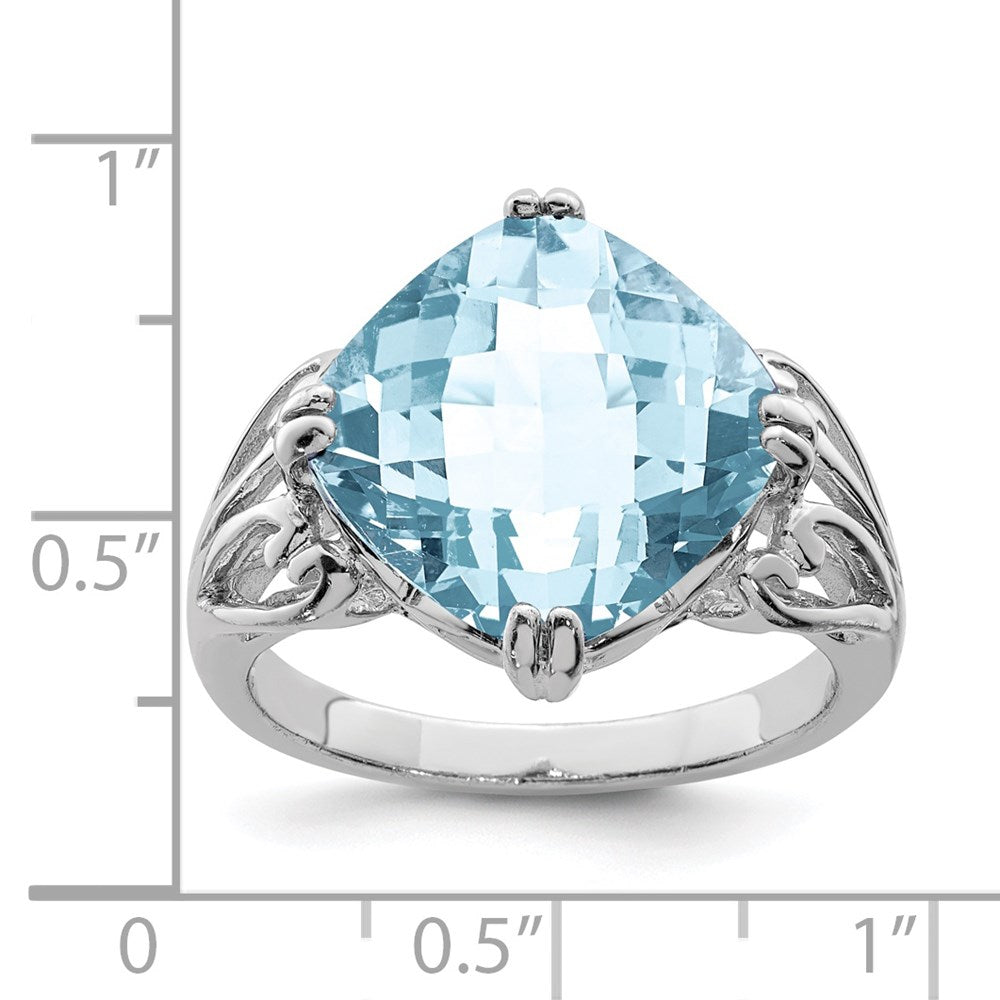 Sterling Silver Rhodium Checker-Cut Sky Blue Topaz Ring