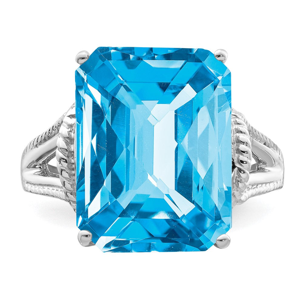 Sterling Silver Rhodium Checker-Cut Blue Topaz Ring