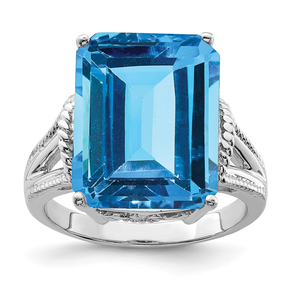 Sterling Silver Rhodium Checker-Cut Blue Topaz Ring