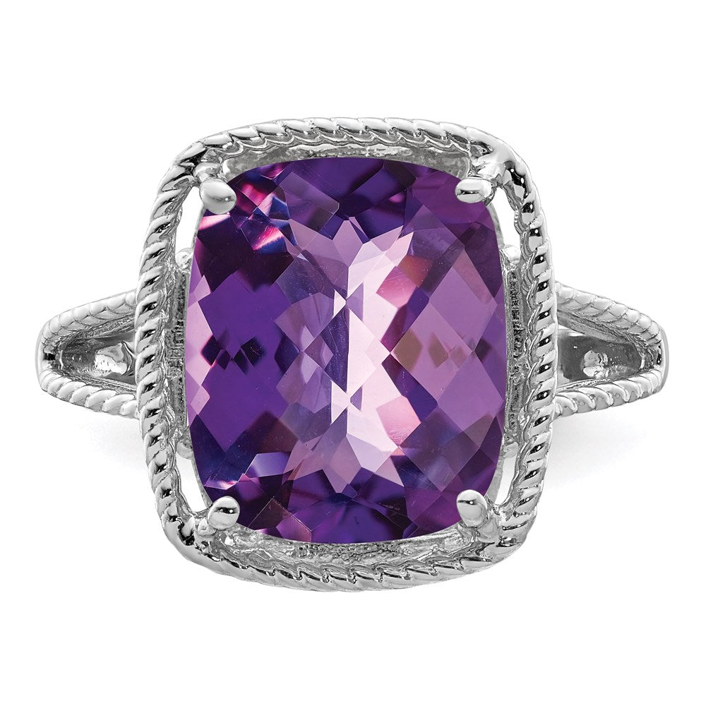 Sterling Silver 14K White Gold Plated Checker-Cut Amethyst Gemstone Birthstone Ring Fine Jewelry Gift for Her