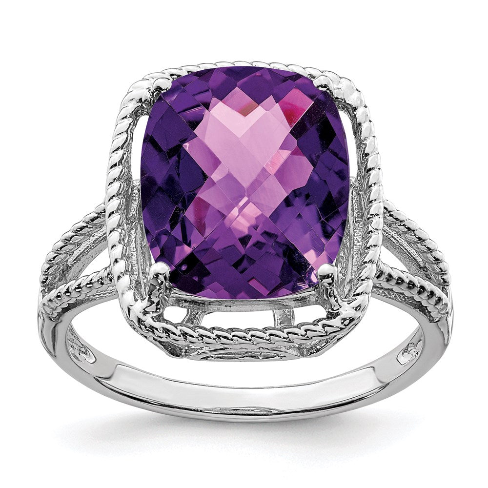 Sterling Silver 14K White Gold Plated Checker-Cut Amethyst Gemstone Birthstone Ring Fine Jewelry Gift for Her