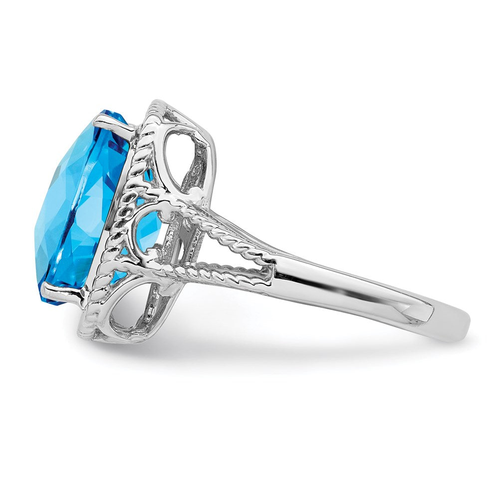 Sterling Silver Rhodium Checker-Cut Blue Topaz Ring