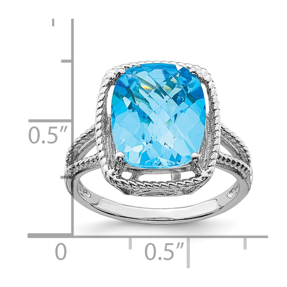 Sterling Silver Rhodium Checker-Cut Blue Topaz Ring