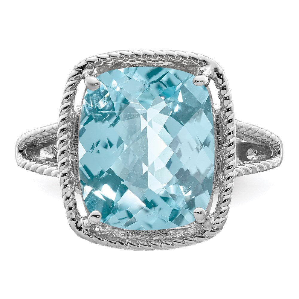 Sterling Silver Rhodium Checker-Cut Sky Blue Topaz Ring