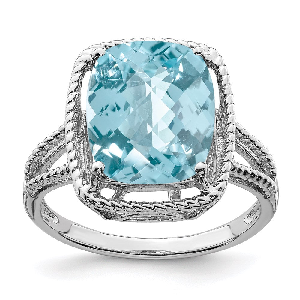 Sterling Silver Rhodium Checker-Cut Sky Blue Topaz Ring