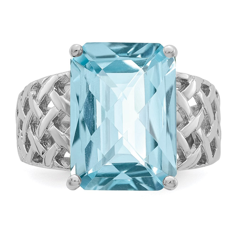 Sterling Silver Rhodium Checker-Cut Sky Blue Topaz Ring