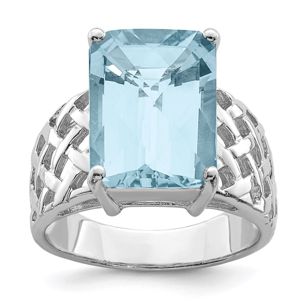 Sterling Silver Rhodium Checker-Cut Sky Blue Topaz Ring