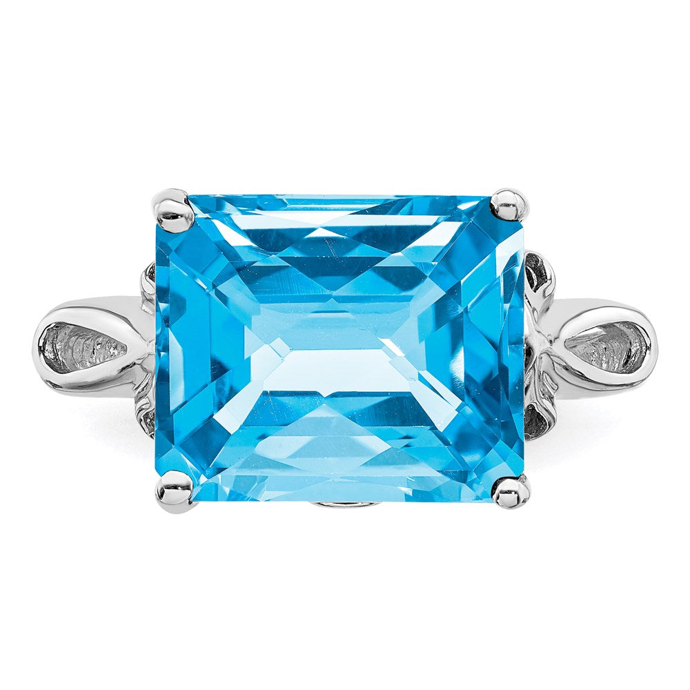 Sterling Silver Rhodium Checker-Cut Blue Topaz Ring