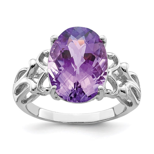 Sterling Silver 14K White Gold Plated Oval Checker-Cut Amethyst Gemstone Birthstone Ring Fine Jewelry Gift for Her