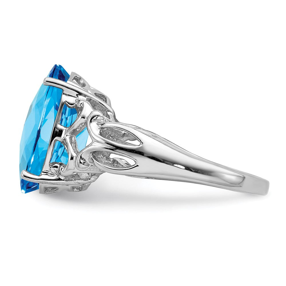 Sterling Silver Rhodium Checker-Cut Blue Topaz Ring