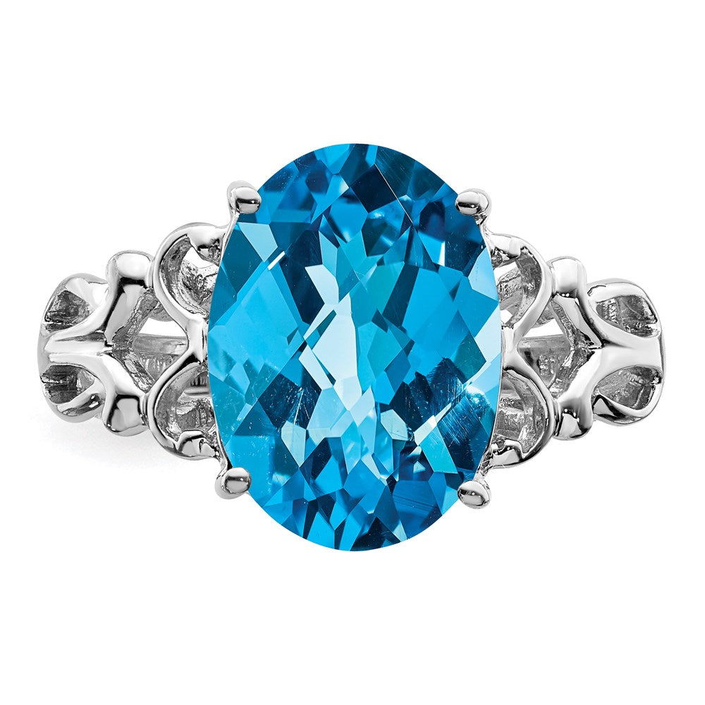 Sterling Silver Rhodium Checker-Cut Blue Topaz Ring