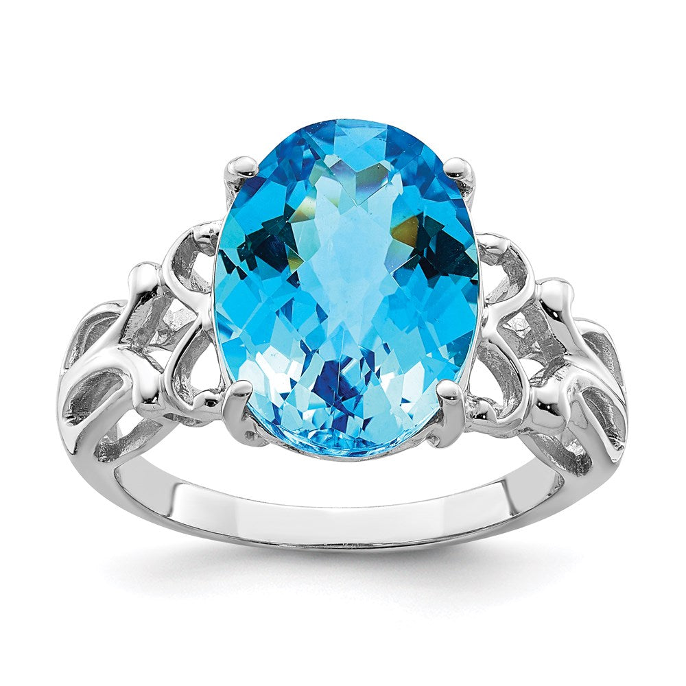 Sterling Silver Rhodium Checker-Cut Blue Topaz Ring