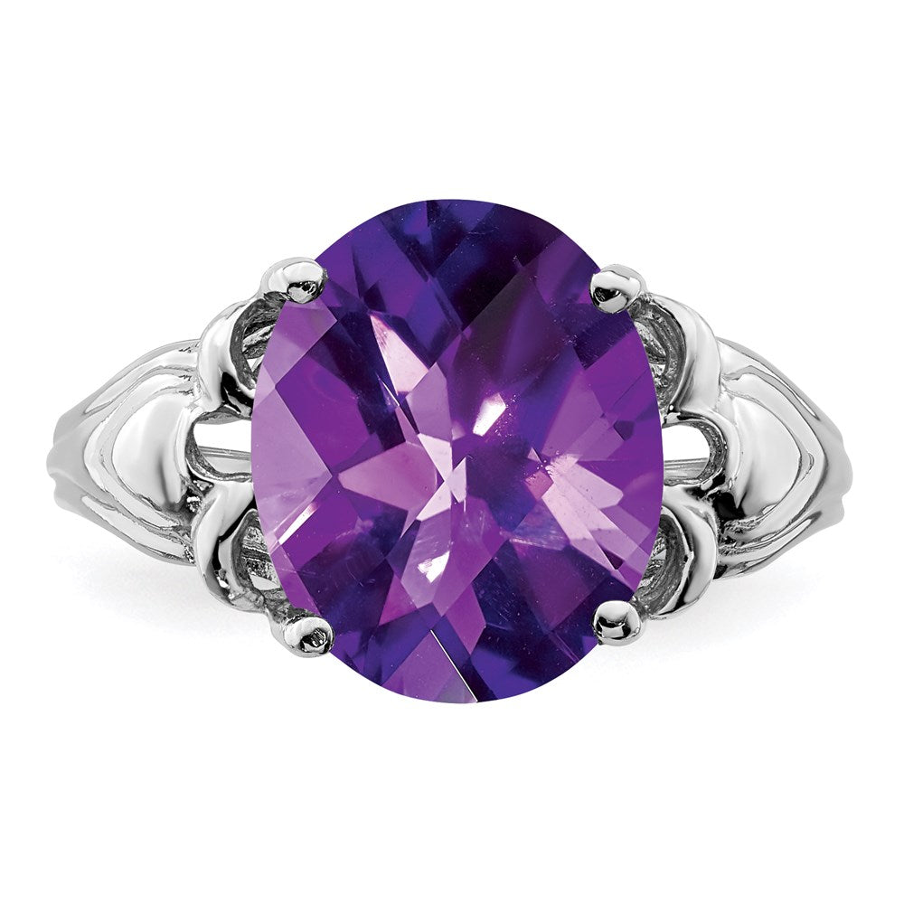 Sterling Silver Rhodium-plated Checker-Cut Amethyst Ring