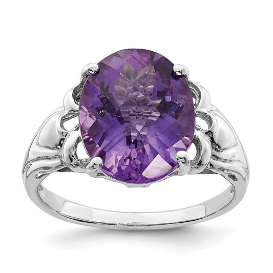 Sterling Silver Rhodium-plated Checker-Cut Amethyst Ring