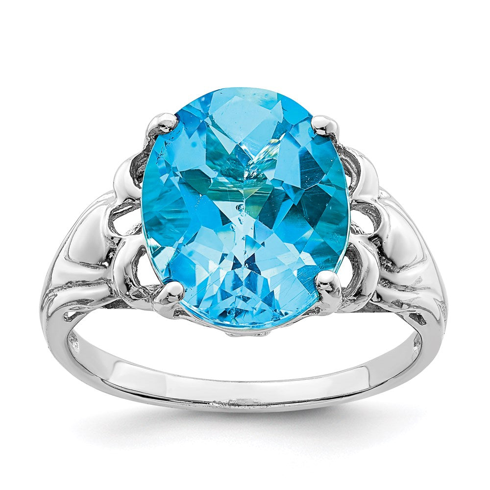 Sterling Silver Rhodium Checker-Cut Blue Topaz Ring