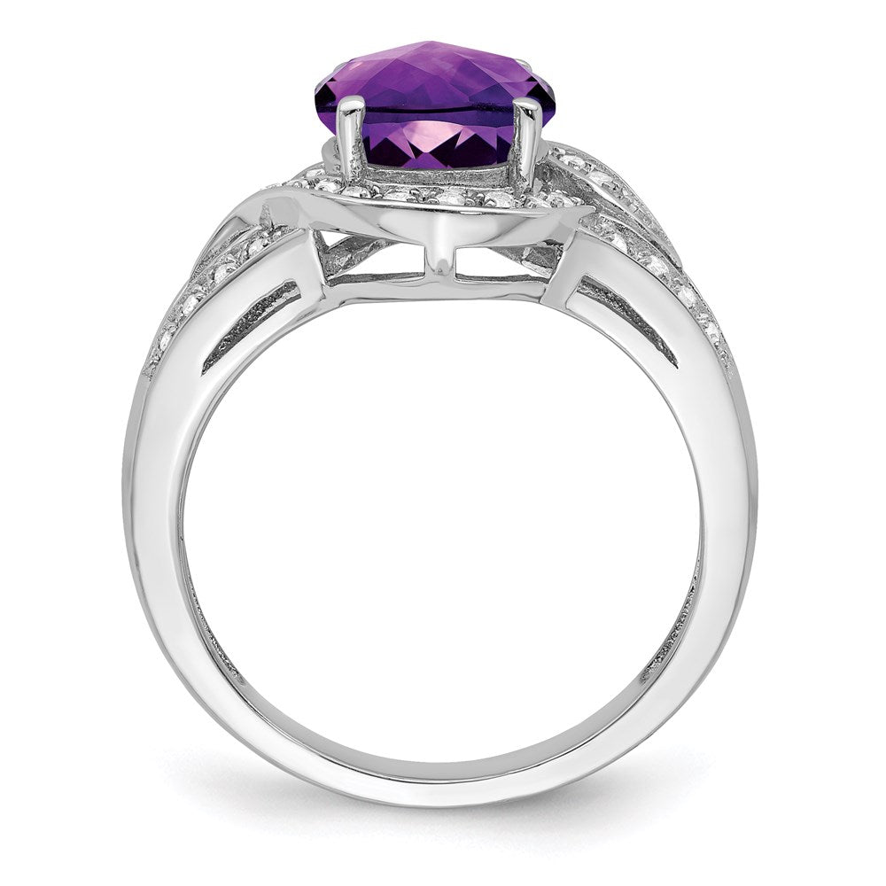 Sterling Silver Rhodium-plated Diamond & Checker-Cut Amethyst Ring