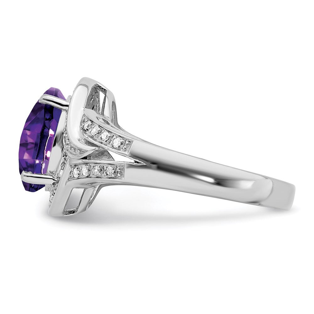 Sterling Silver Rhodium-plated Diamond & Checker-Cut Amethyst Ring