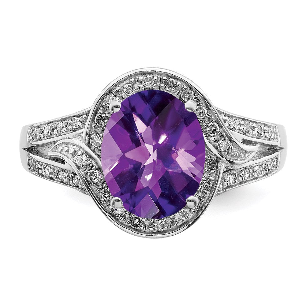 Sterling Silver Rhodium-plated Diamond & Checker-Cut Amethyst Ring