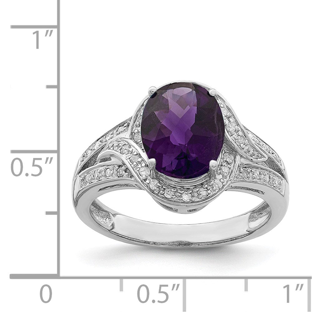 Sterling Silver Rhodium-plated Diamond & Checker-Cut Amethyst Ring