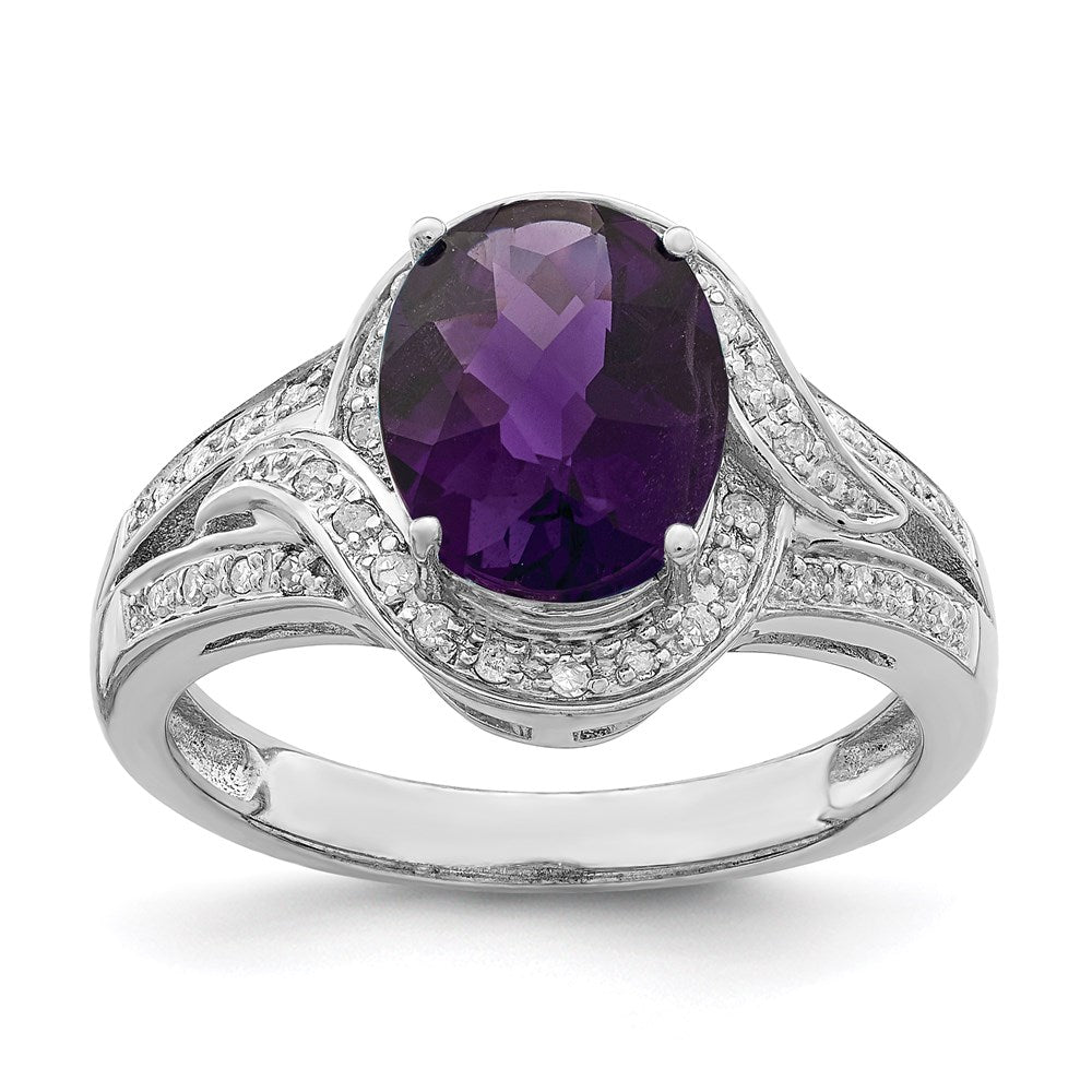 Sterling Silver Rhodium-plated Diamond & Checker-Cut Amethyst Ring