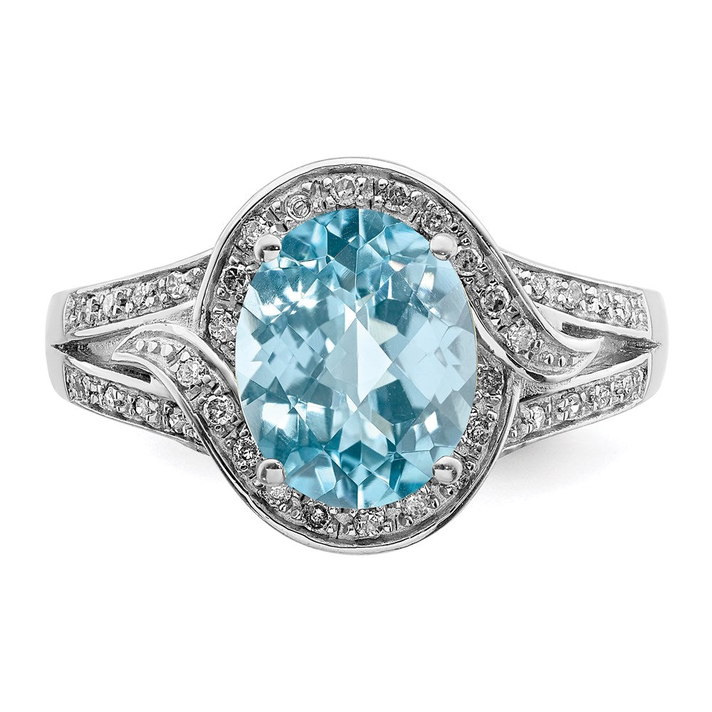 Sterling Silver Rhodium Diamond & Checker-Cut Sky Blue Topaz Ring