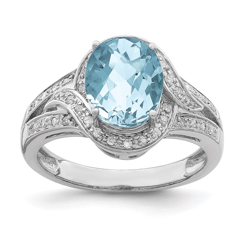 Sterling Silver Rhodium Diamond & Checker-Cut Sky Blue Topaz Ring