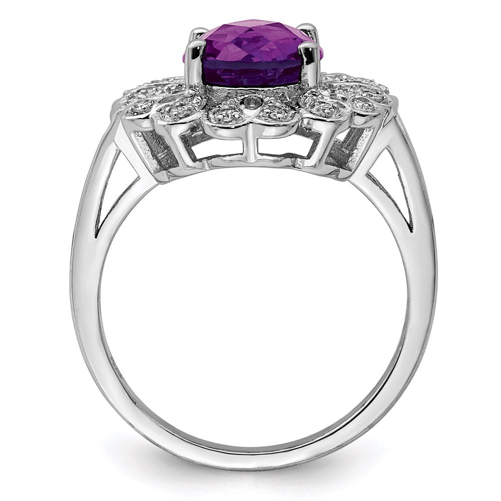 Sterling Silver Rhodium-plated Diamond & Checker-Cut Amethyst Ring