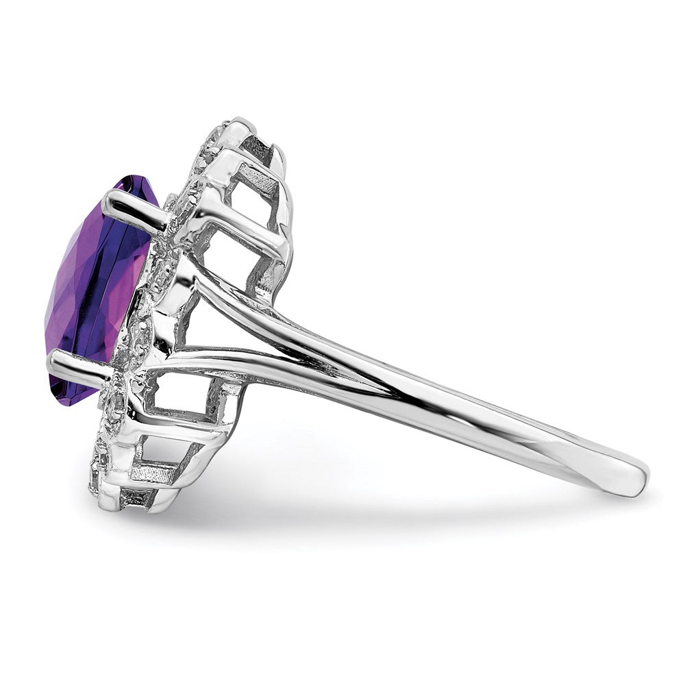 Sterling Silver Rhodium-plated Diamond & Checker-Cut Amethyst Ring