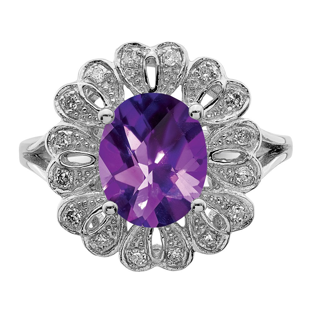 Sterling Silver Rhodium-plated Diamond & Checker-Cut Amethyst Ring