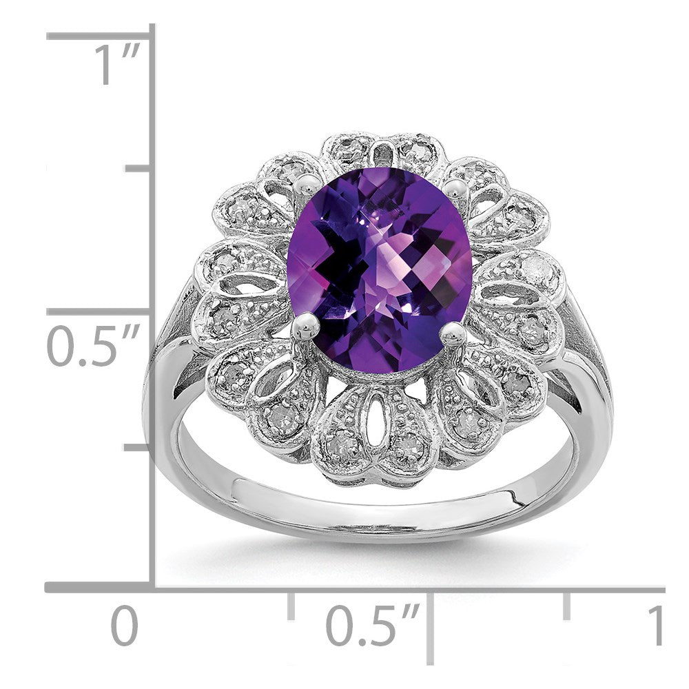 Sterling Silver Rhodium-plated Diamond & Checker-Cut Amethyst Ring