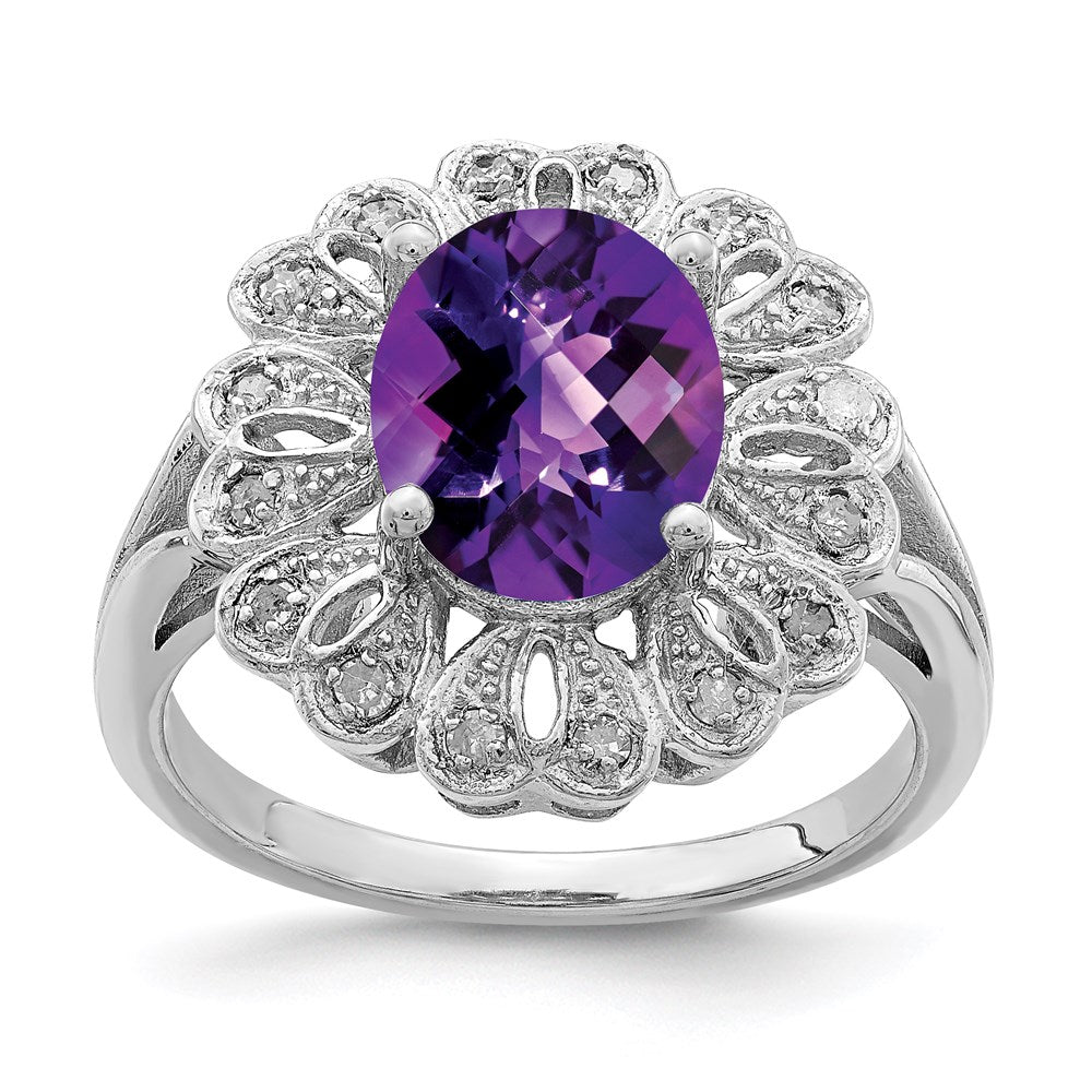 Sterling Silver Rhodium-plated Diamond & Checker-Cut Amethyst Ring