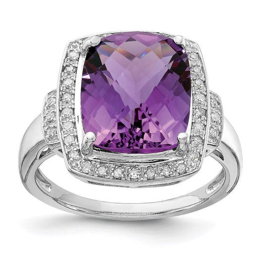 Sterling Silver Rhodium-plated Diamond & Checker-Cut Amethyst Ring