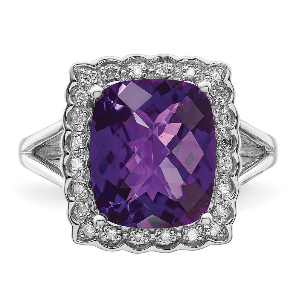 Sterling Silver Rhodium-plated Diamond & Checker-Cut Amethyst Ring