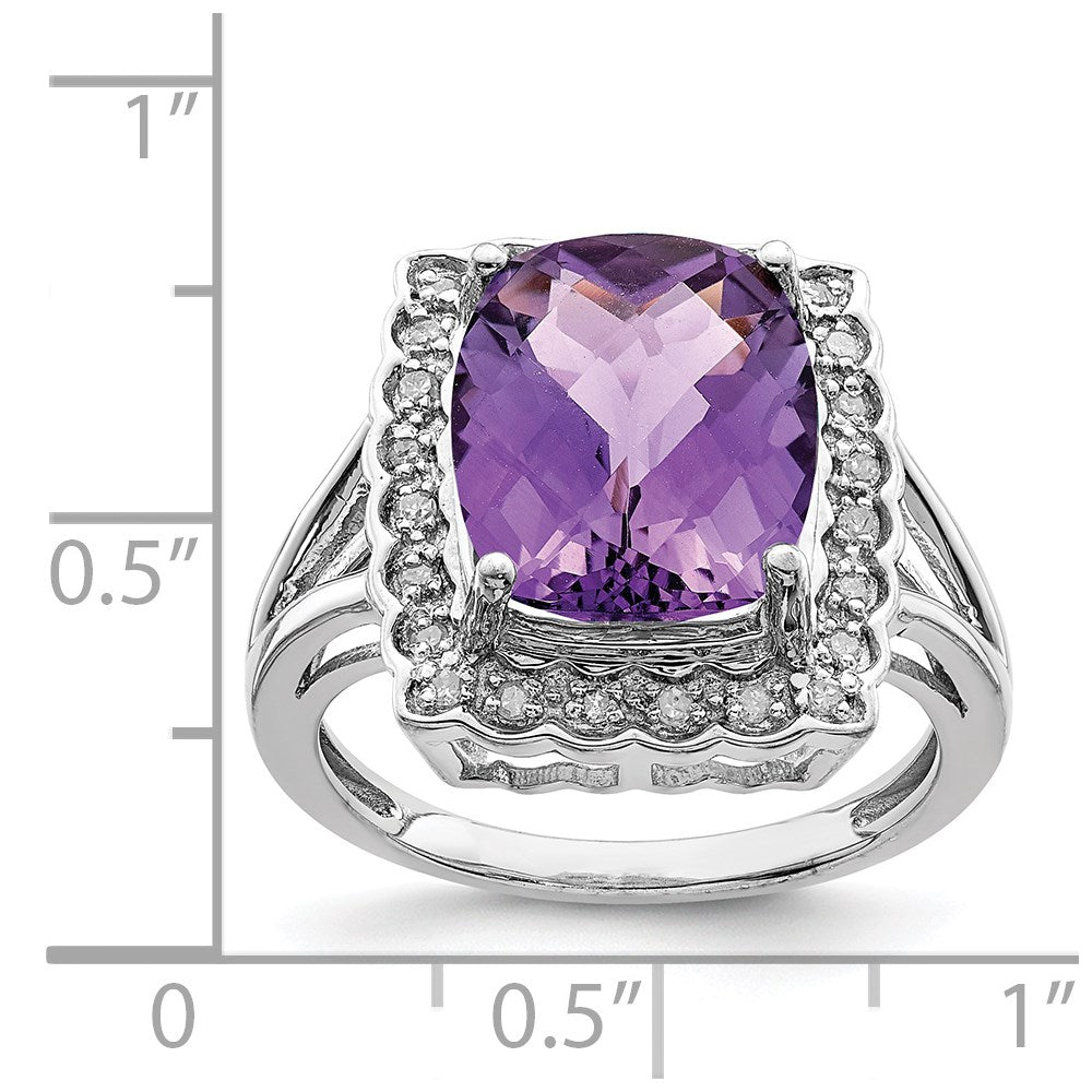 Sterling Silver Rhodium-plated Diamond & Checker-Cut Amethyst Ring