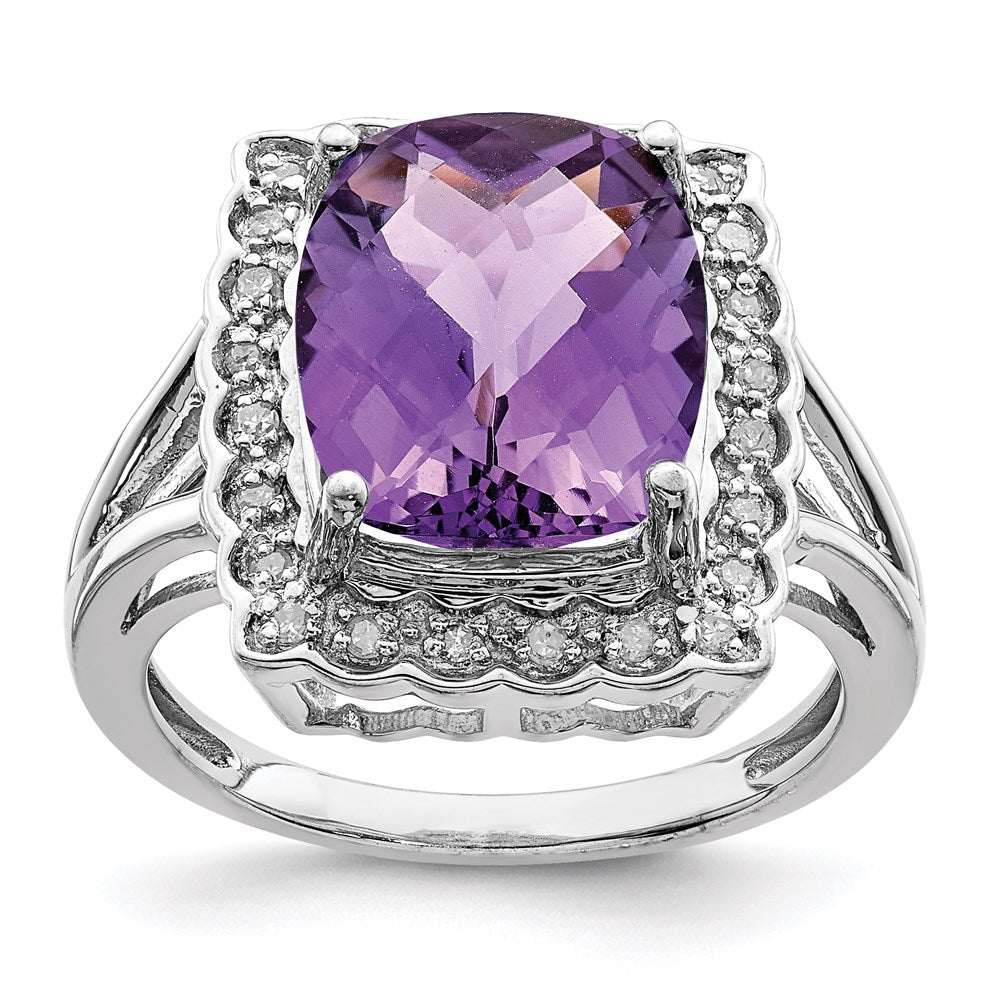 Sterling Silver Rhodium-plated Diamond & Checker-Cut Amethyst Ring