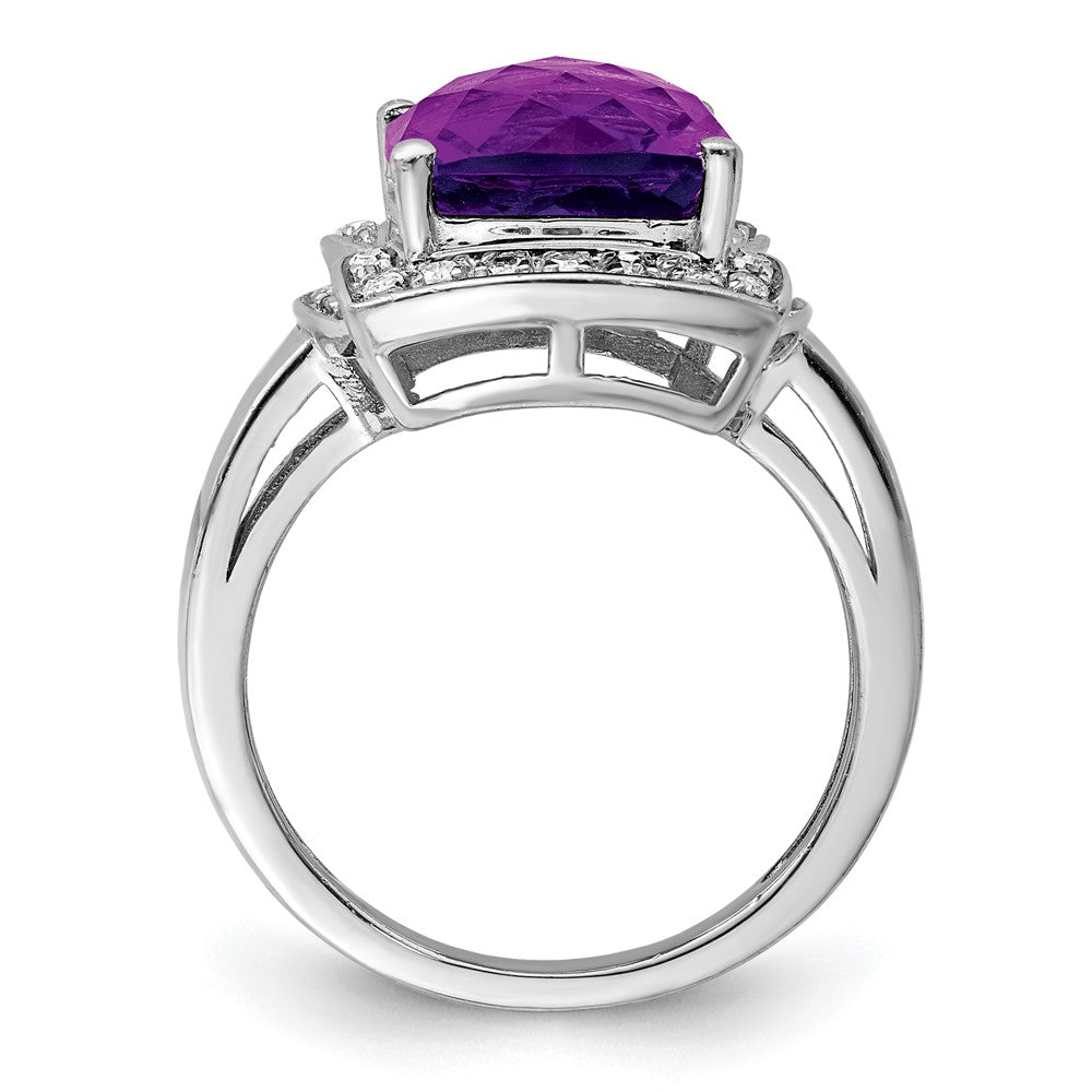 Sterling Silver Rhodium-plated Diamond & Checker-Cut Amethyst Ring