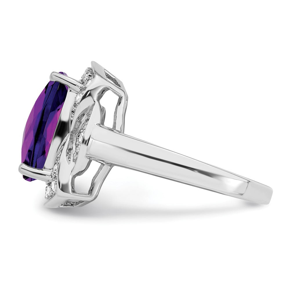 Sterling Silver Rhodium-plated Diamond & Checker-Cut Amethyst Ring