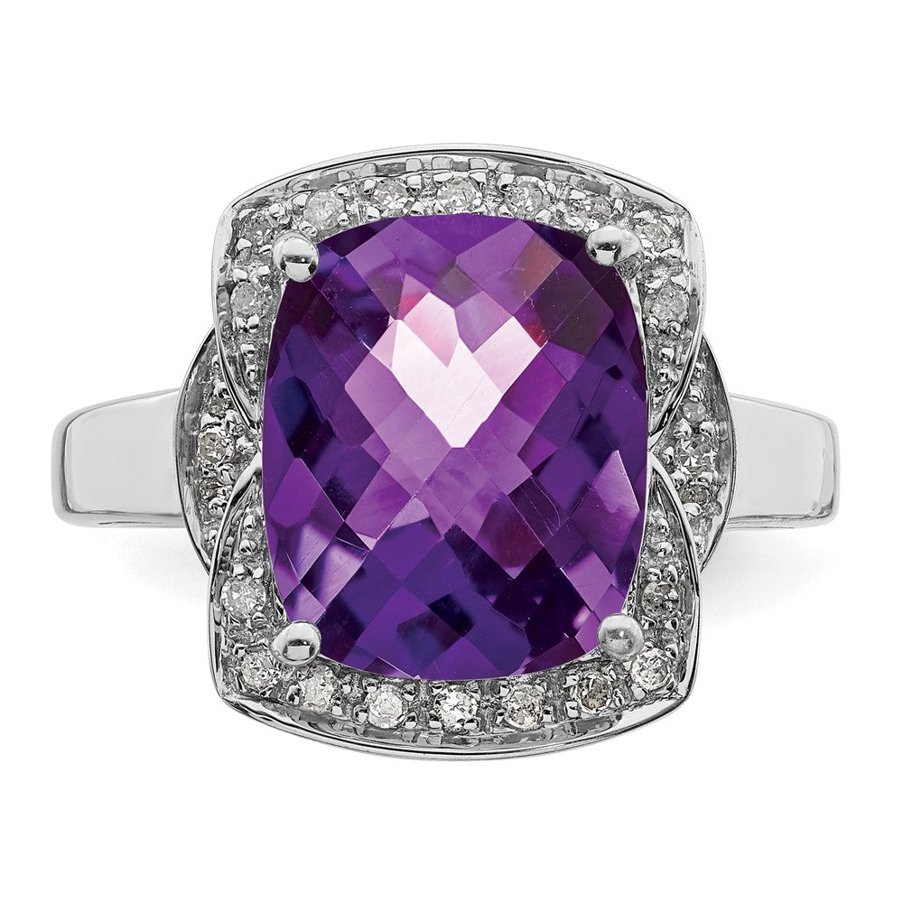 Sterling Silver Rhodium-plated Diamond & Checker-Cut Amethyst Ring