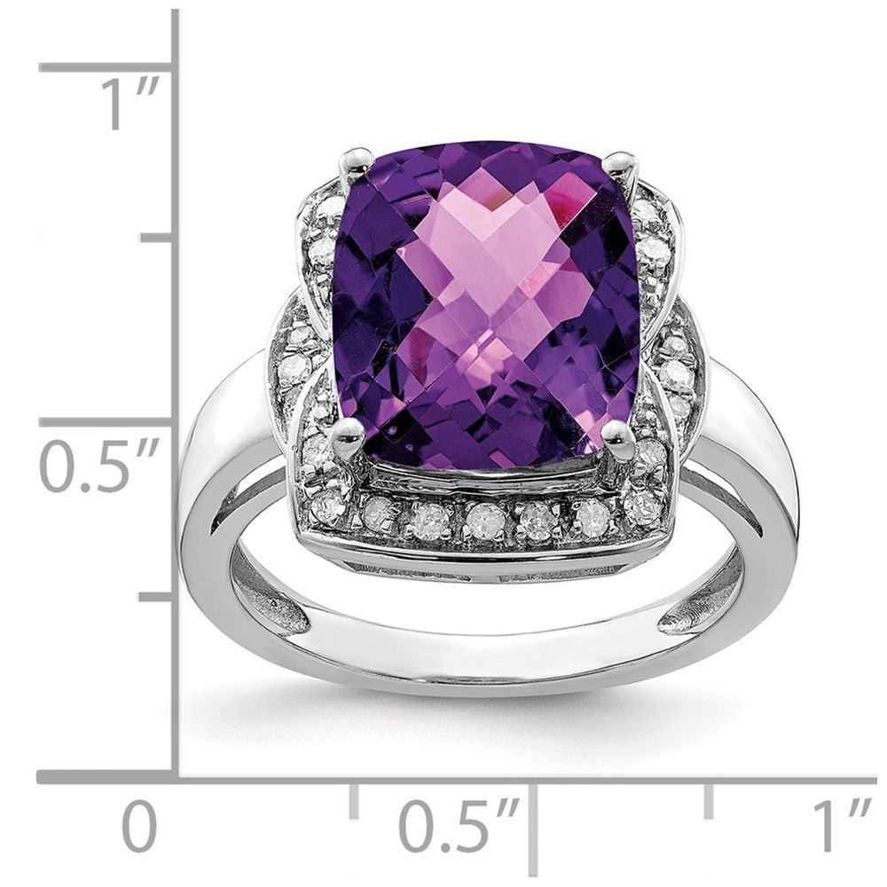 Sterling Silver Rhodium-plated Diamond & Checker-Cut Amethyst Ring