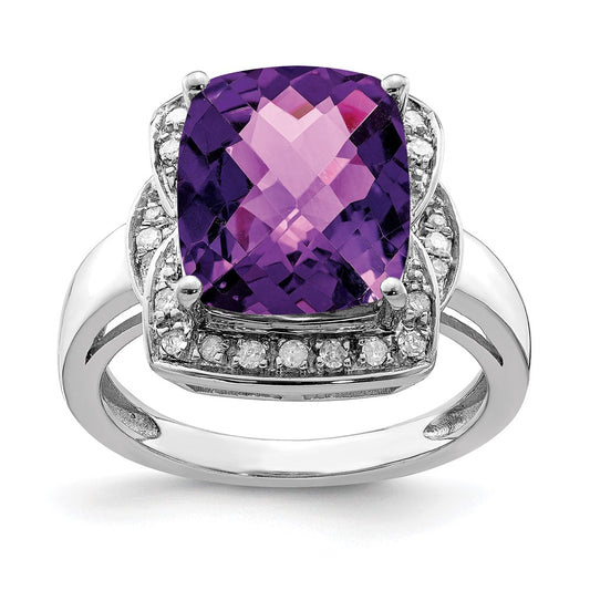 Sterling Silver Rhodium-plated Diamond & Checker-Cut Amethyst Ring