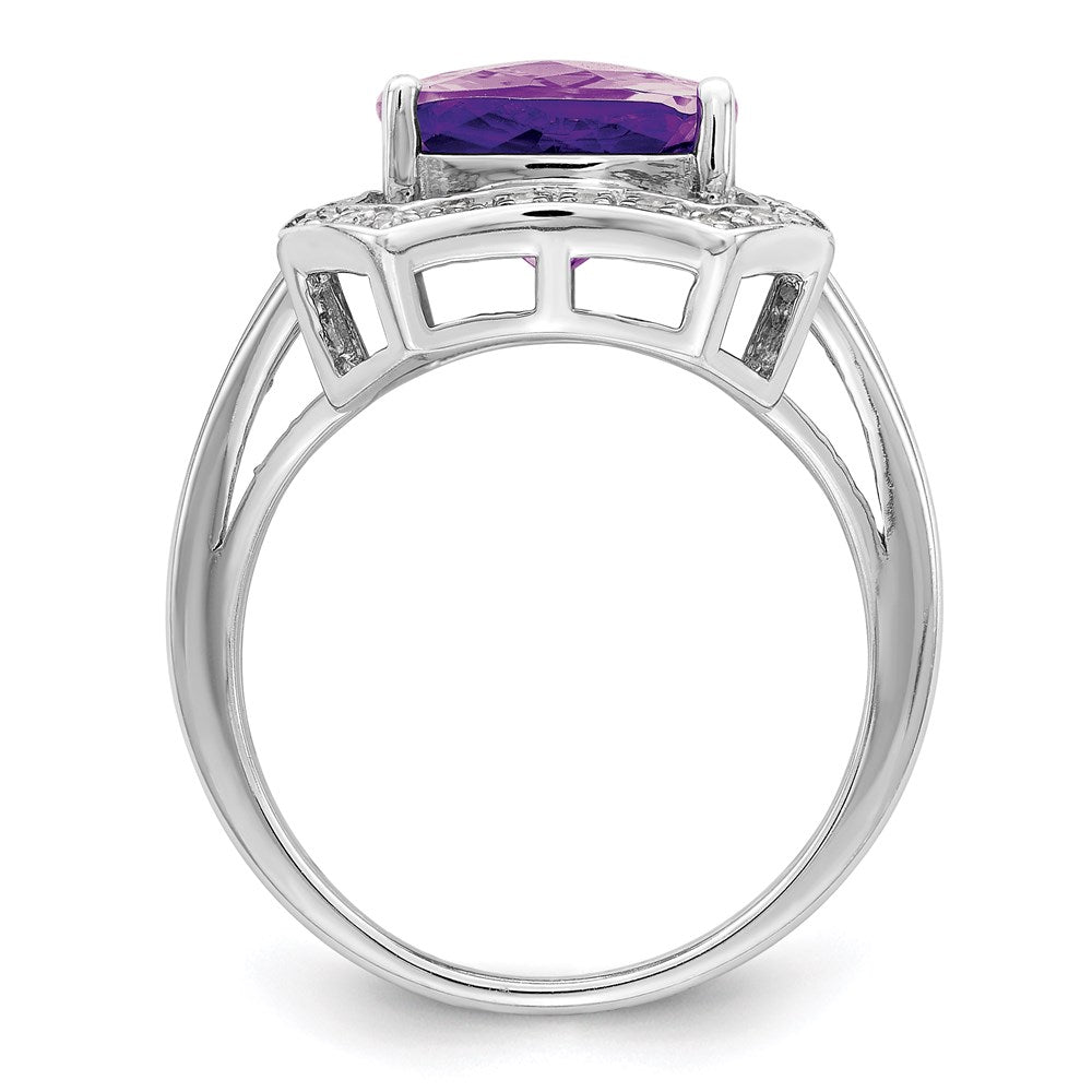 Sterling Silver Rhodium-plated Diamond & Checker-Cut Amethyst Ring