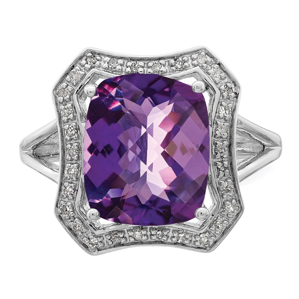 Sterling Silver Rhodium-plated Diamond & Checker-Cut Amethyst Ring