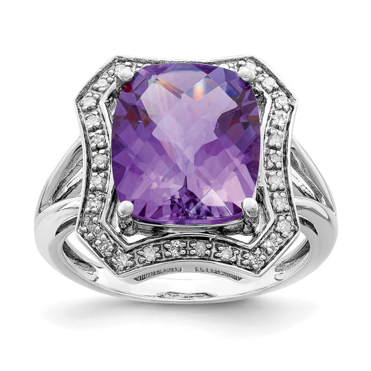 Sterling Silver Rhodium-plated Diamond & Checker-Cut Amethyst Ring