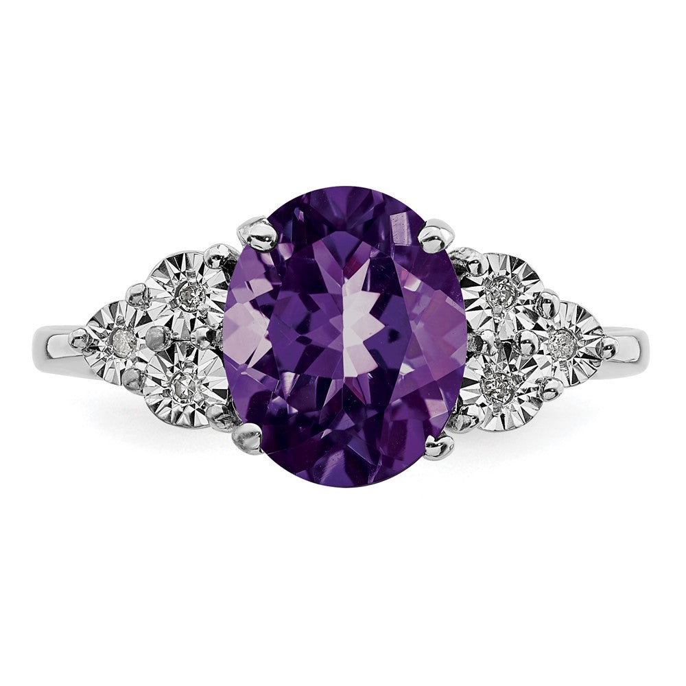 Sterling Silver Rhodium-plated Diamond & Amethyst Ring