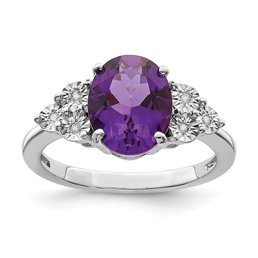 Sterling Silver Rhodium-plated Diamond & Amethyst Ring