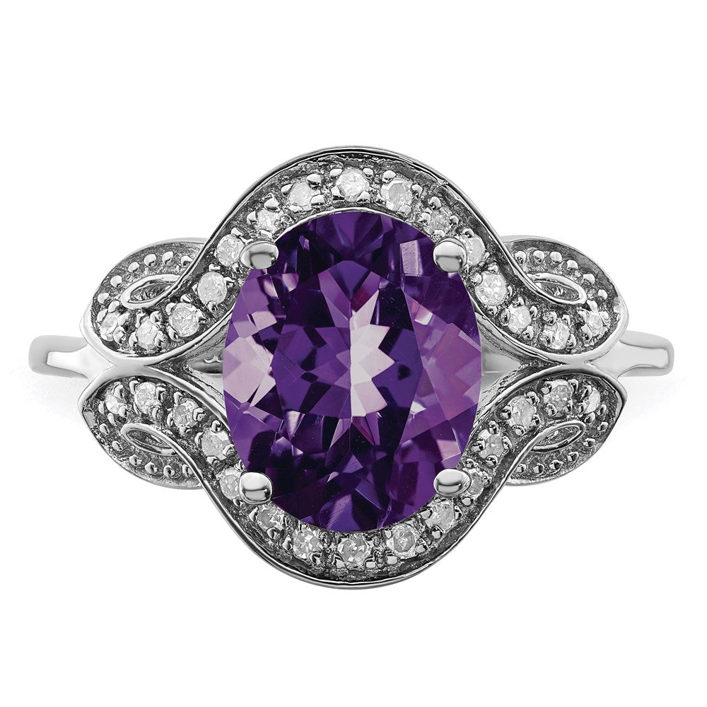 Sterling Silver Rhodium-plated Diamond & Amethyst Ring